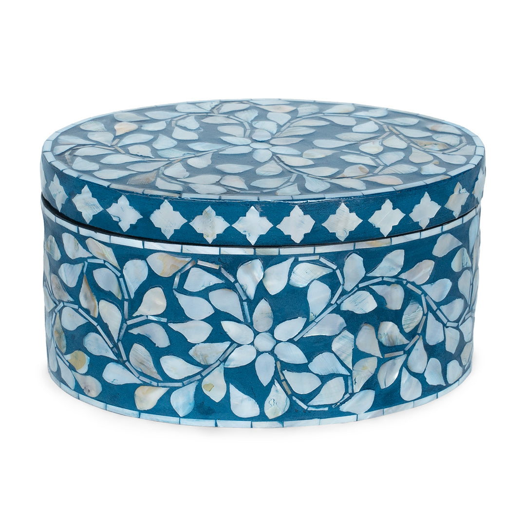 Floral Blue Mother of Pearl Oval Trinket Box Set