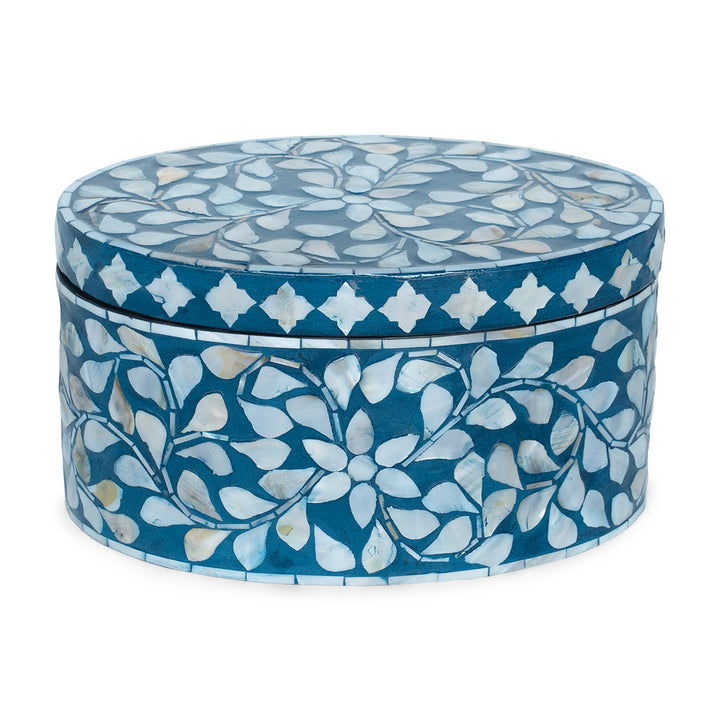 Floral Blue Mother of Pearl Oval Trinket Box Set
