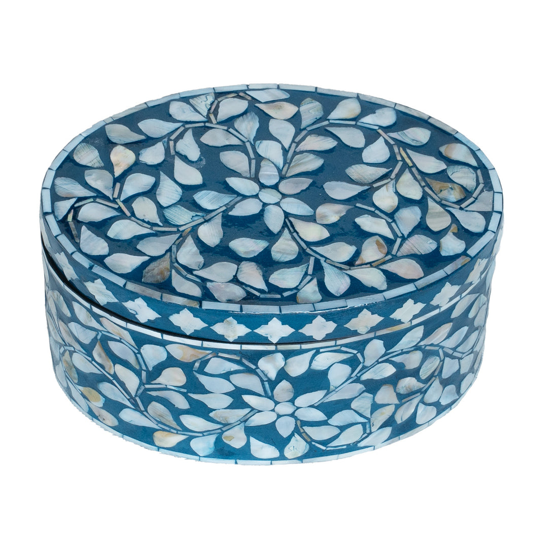 Floral Blue Mother of Pearl Oval Trinket Box Set