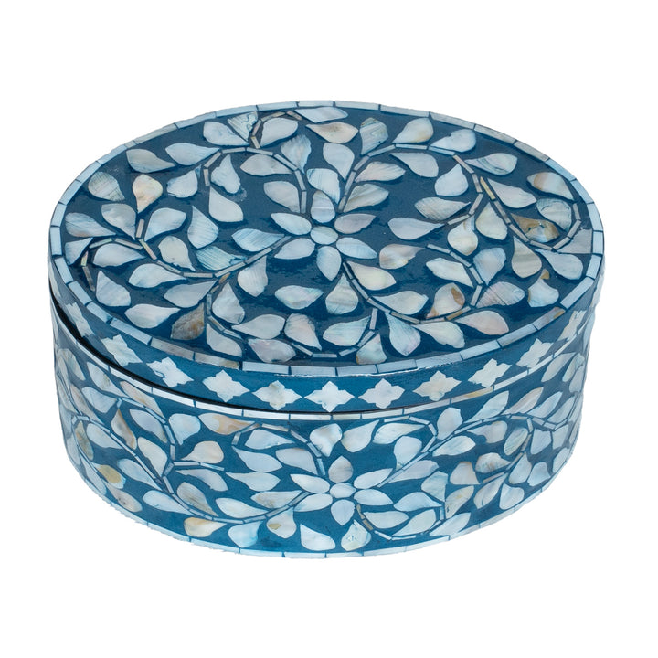Floral Blue Mother of Pearl Oval Trinket Box Set