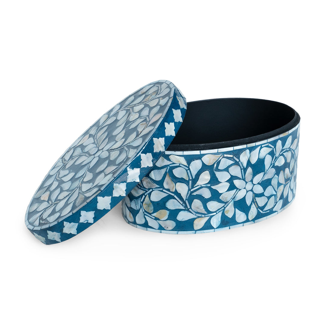 Floral Blue Mother of Pearl Oval Trinket Box Set