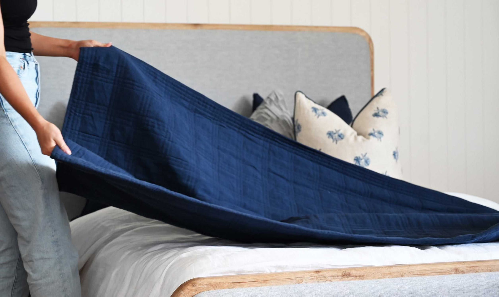 Alana Hand Quilted Linen Reversible Bed Cover- Navy and Oatmeal