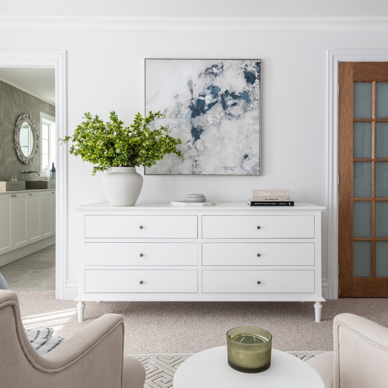 Sophia Extra Long Chest Of Drawers Satin White 183cm wide x 53cm depth x 84cm high