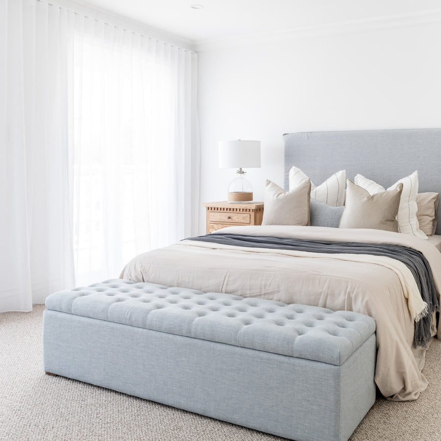 Charlotte Tufted Upholstered Storage Box Duck Egg Blue 160cm wide x 46cm deep x 42cm high