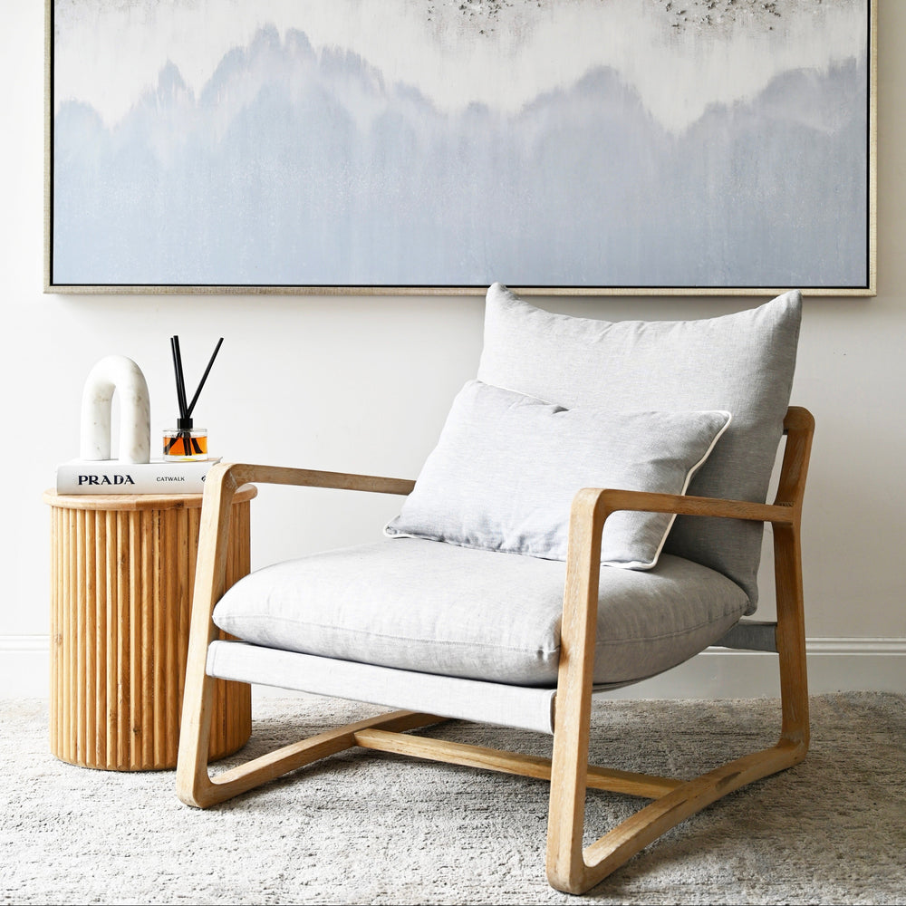 Drift Sling Linen & Oak Arm Chair Duck Egg Blue Whitewash Oak 76cm wide x 93cm deep x 88cm high