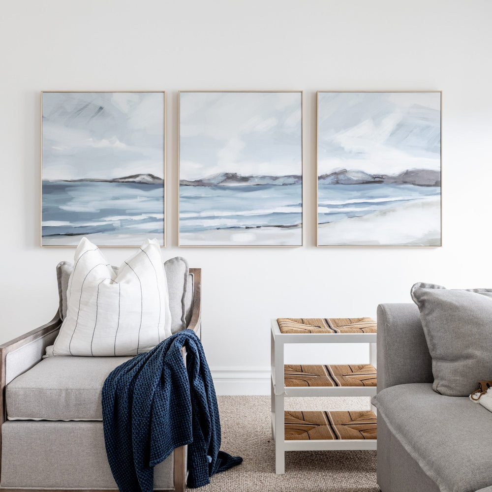 Beachside Stroll Three Piece Canvas In Natural Frame Seascape Blue 3 Piece Setting