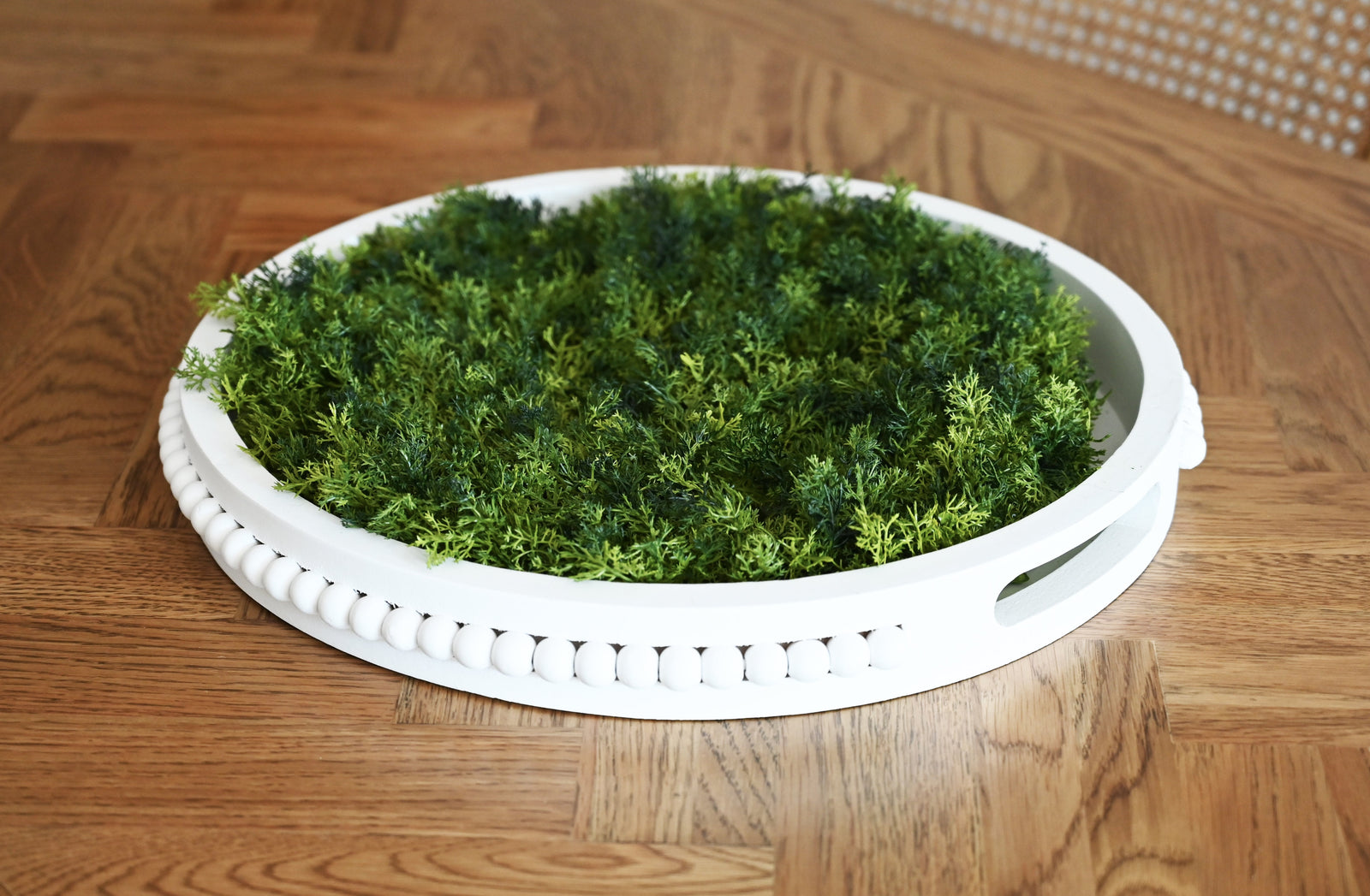 Beaded Round White Wooden Tray