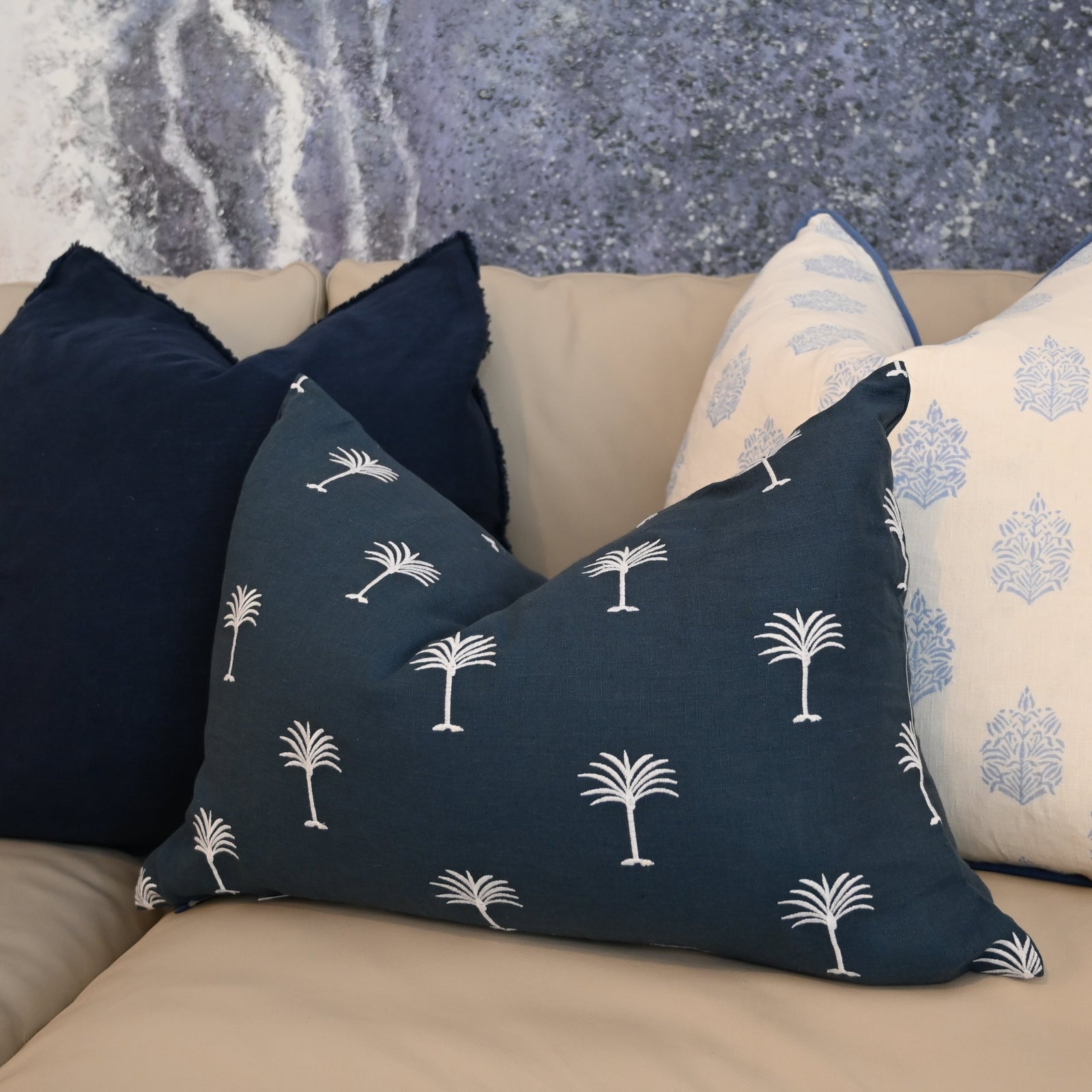 Palm Tree Navy Linen Lumbar Cushion