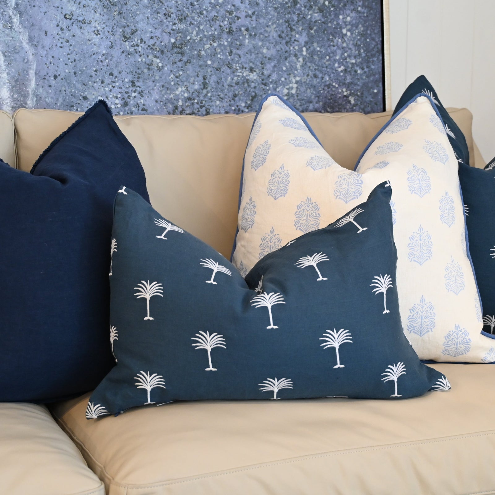 Palm Tree Navy Linen Lumbar Cushion