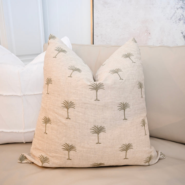 Palm Tree Oatmeal Linen Square Cushion