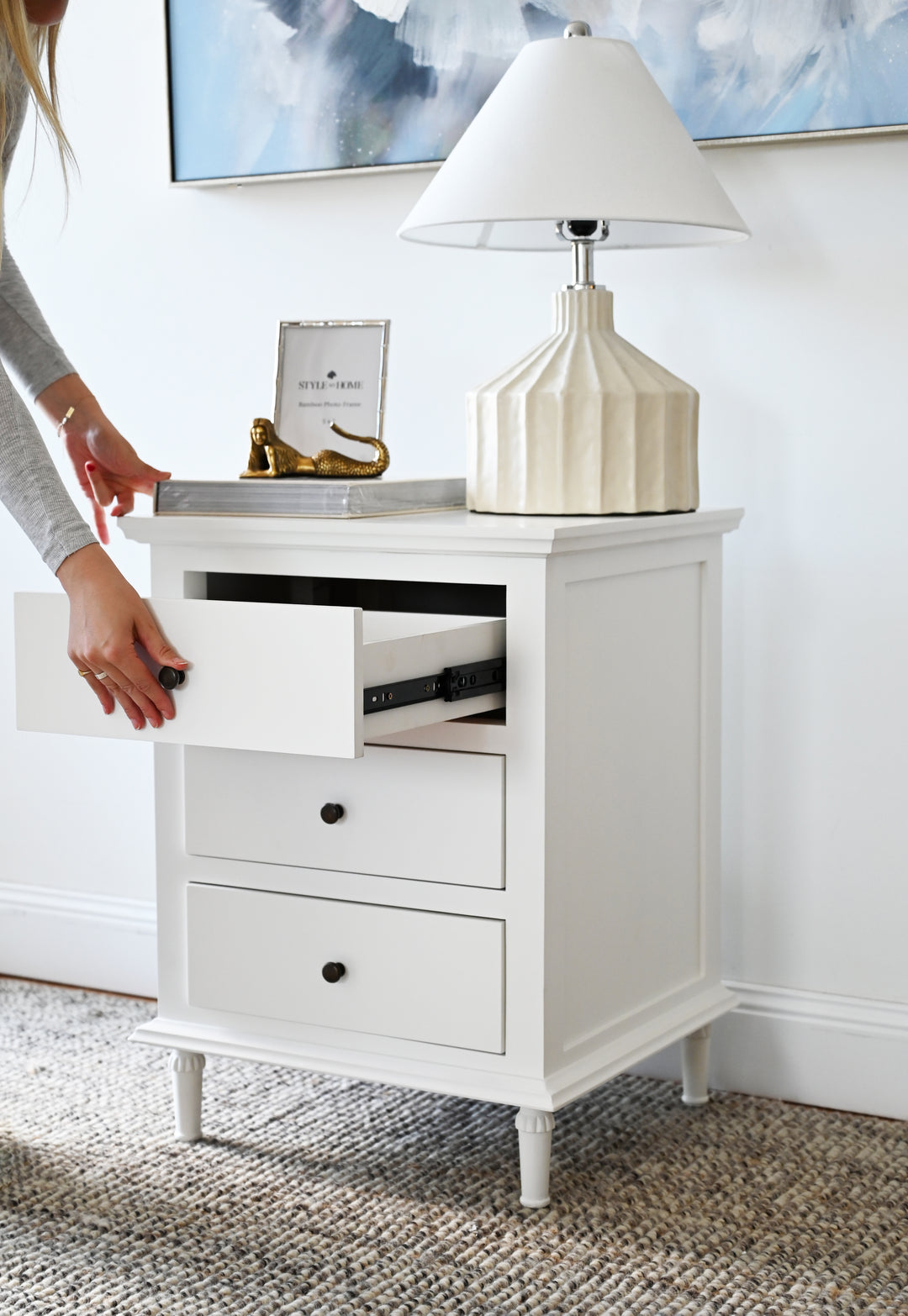 Sophia Small Bedside Table Satin White 55cm wide x 49cm deep x 72cm high