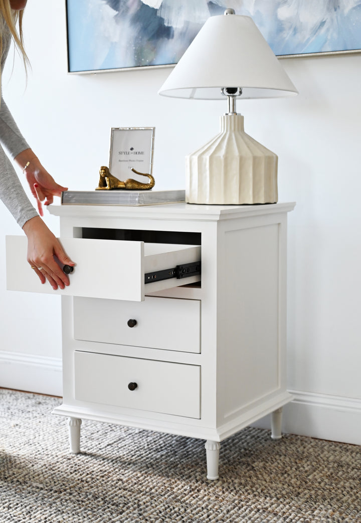Sophia Small Bedside Table Satin White 55cm wide x 49cm deep x 72cm high