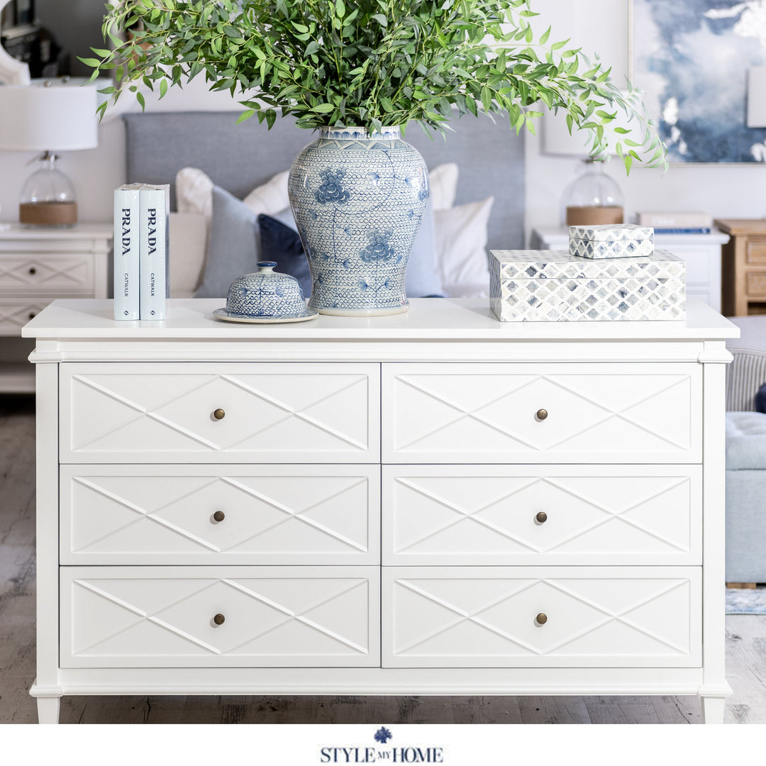 Brisbane Floorstock Slightly Damaged 'Ascot' White Chest of Drawers Satin White SIX DRAWERS 152cm wide x 50cm deep x 90cm high