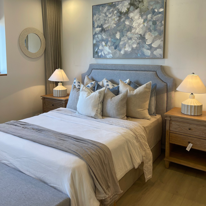 Scarlett Linen Bedhead with studs Duck Egg Blue Brass Studs