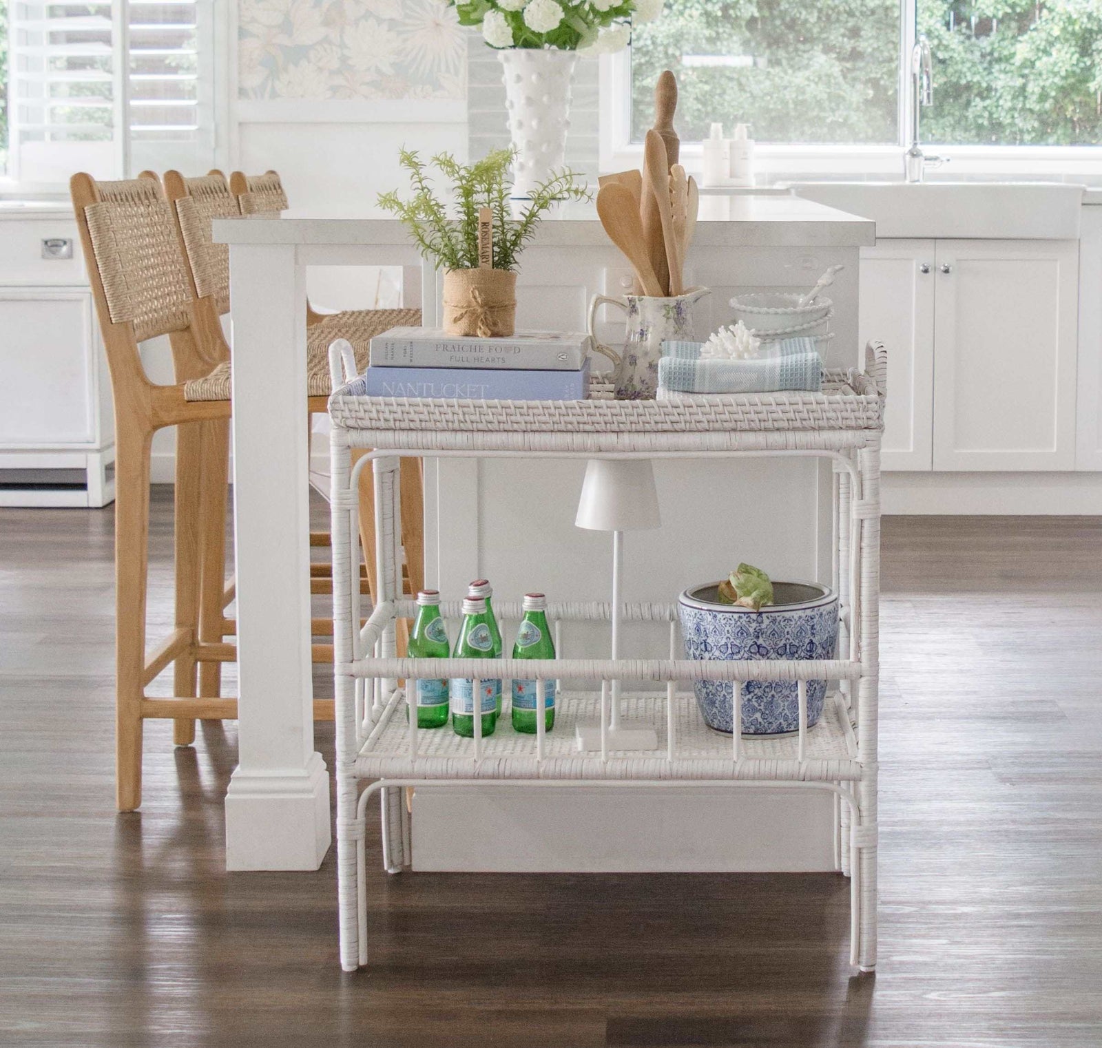 Al fresco White Rattan Bar Cart