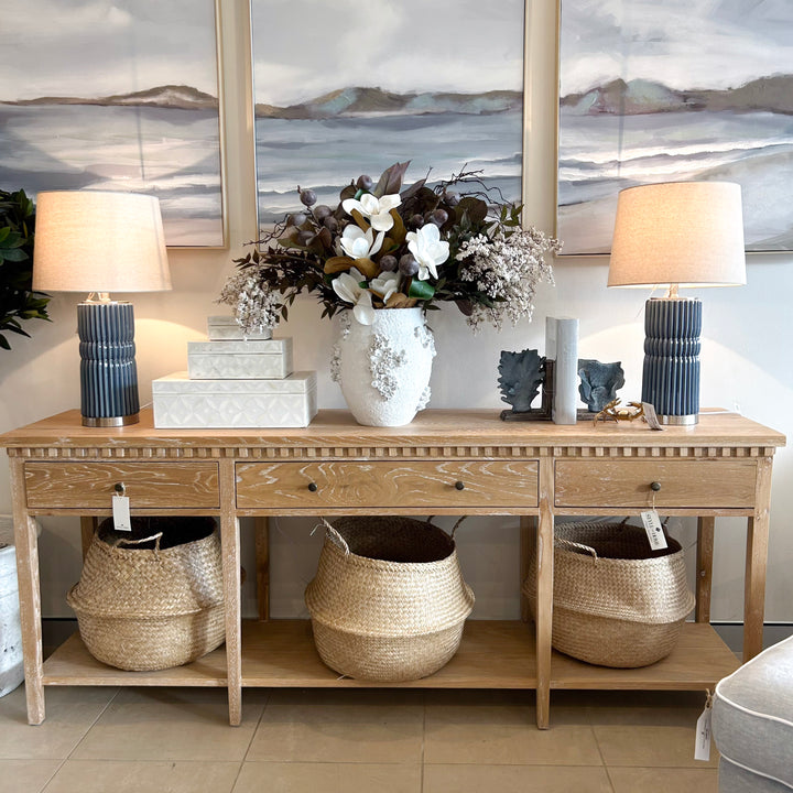 Regency Large Console Table Whitewash Oak 200cm wide x 45cm deep x 80cm high