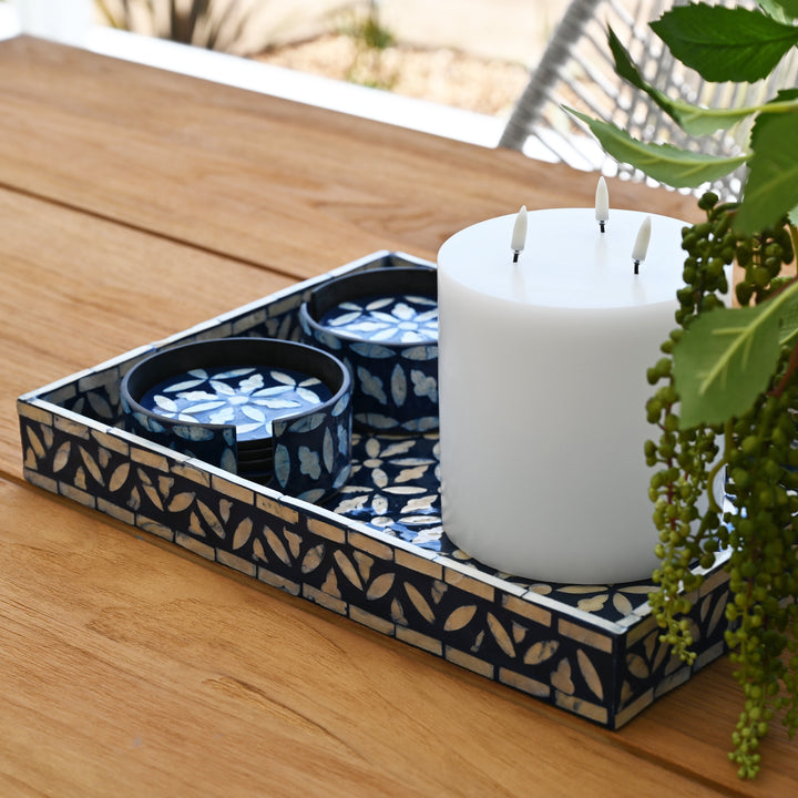 Floral Blue Rectangular Mother Of Pearl Tray