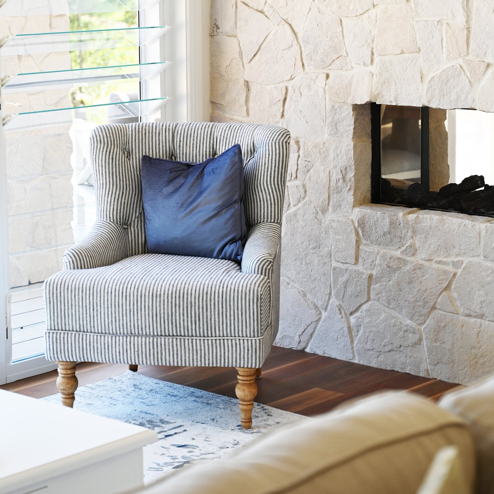 Sarah Linen Armchair Stripe Navy Blue