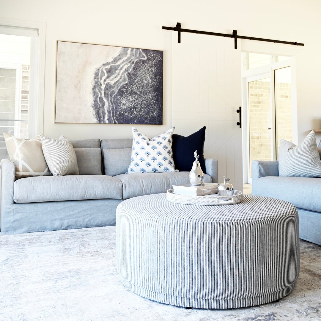 Justine Upholstered Round Large Ottoman Stripe Navy Blue