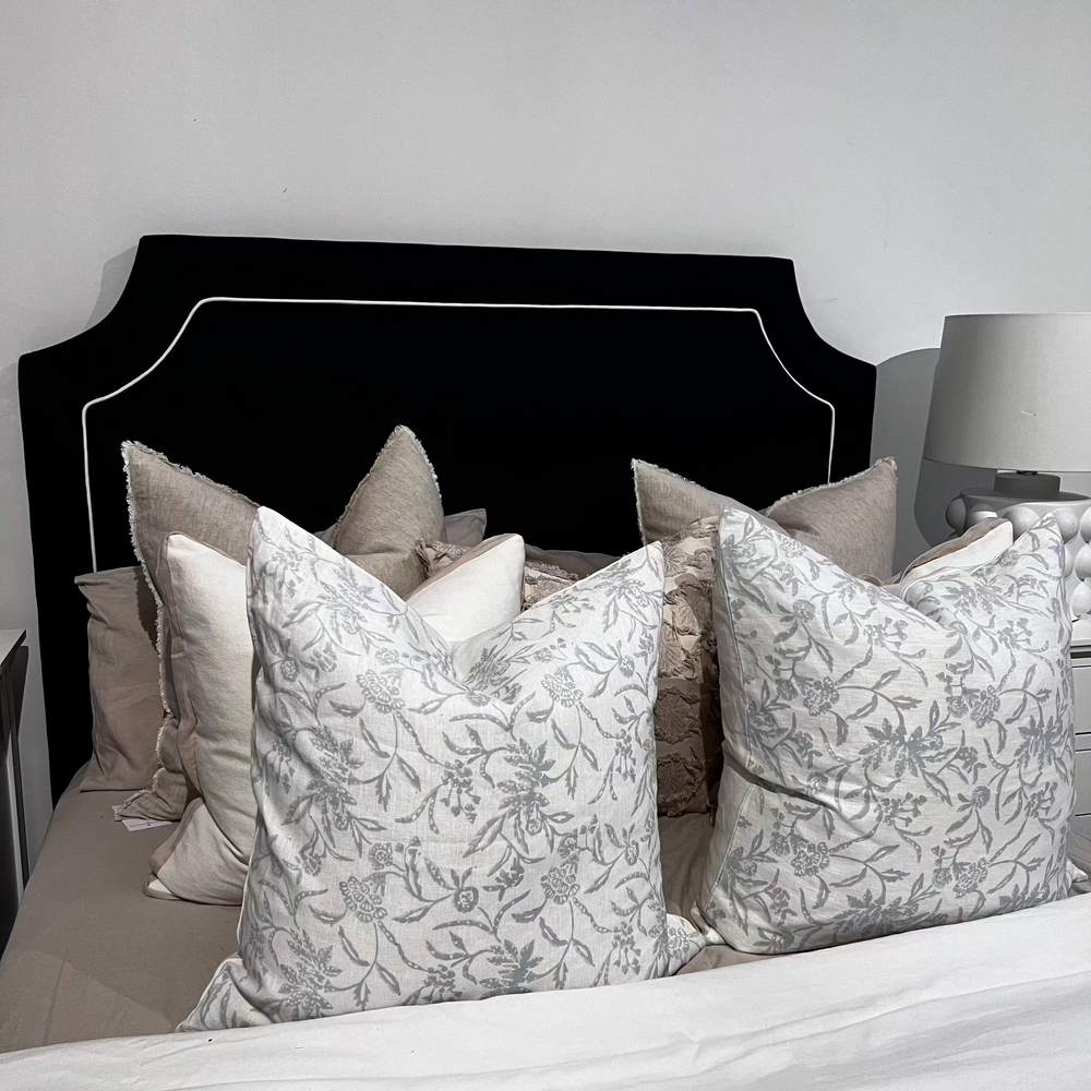 Scarlett Linen Bedhead with white piping Navy White Piping