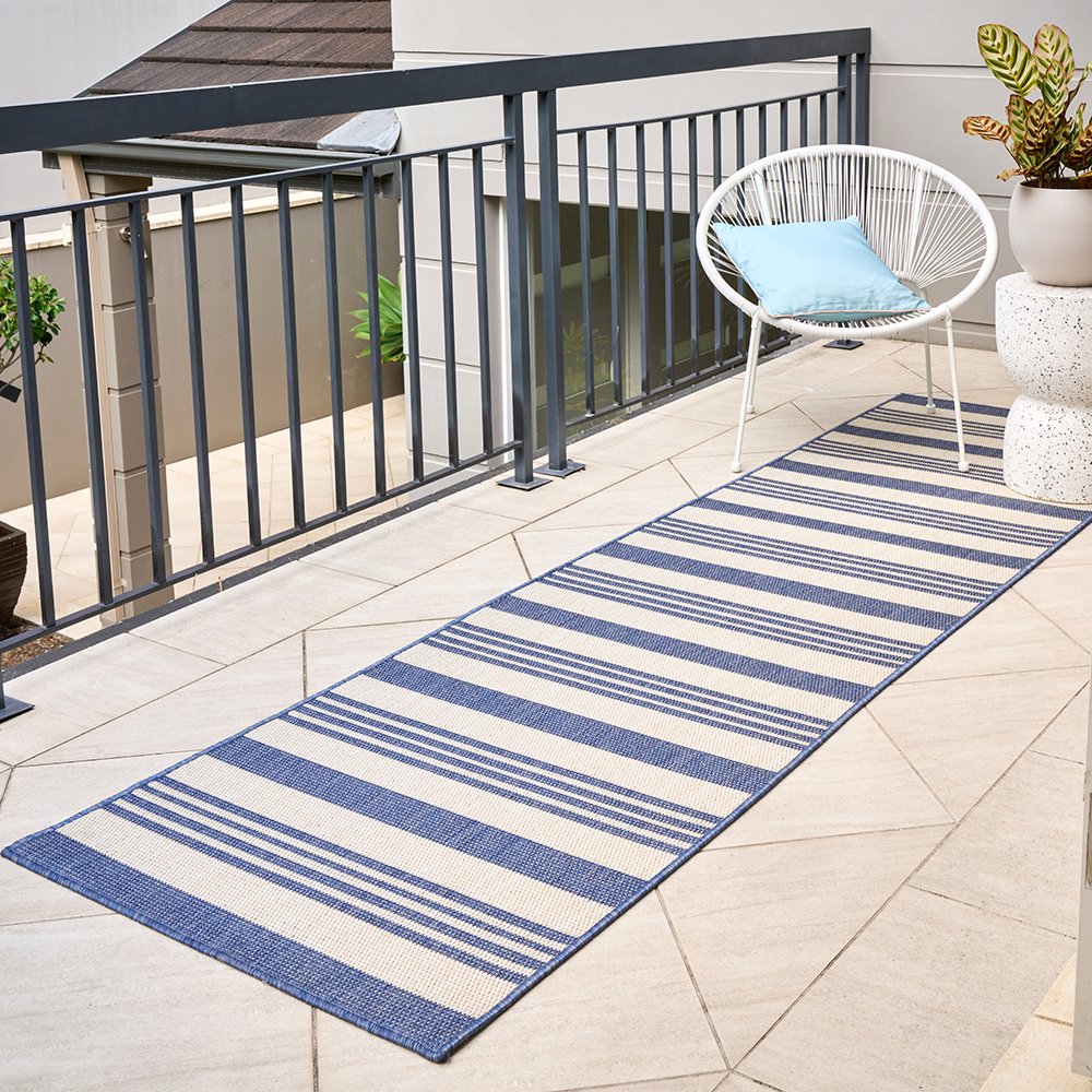 Blue and white coastal hamptons outdoor runner for alfresco areas and decks
