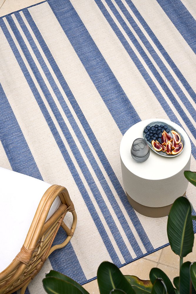 Alfresco Rug on Patio – Hamptons Blue Stripe Outdoor Rug Entertaining Area