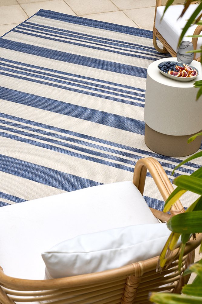Blue Stripe Weatherproof Rug – Coastal Outdoor Rug Australia