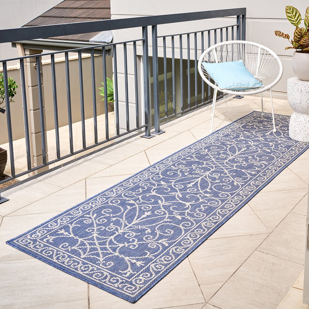 Blue Outdoor Runner Rug – Hamptons Weatherproof Runner for Deck or Balcony