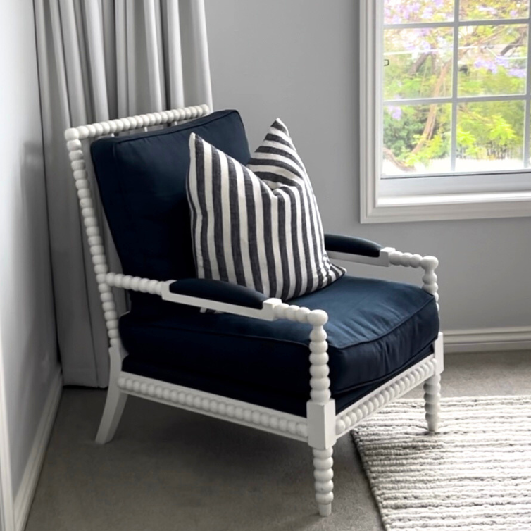 Bobbin Linen And Oak Armchair Satin White Navy 75cm wide x 85cm deep x 112cm high