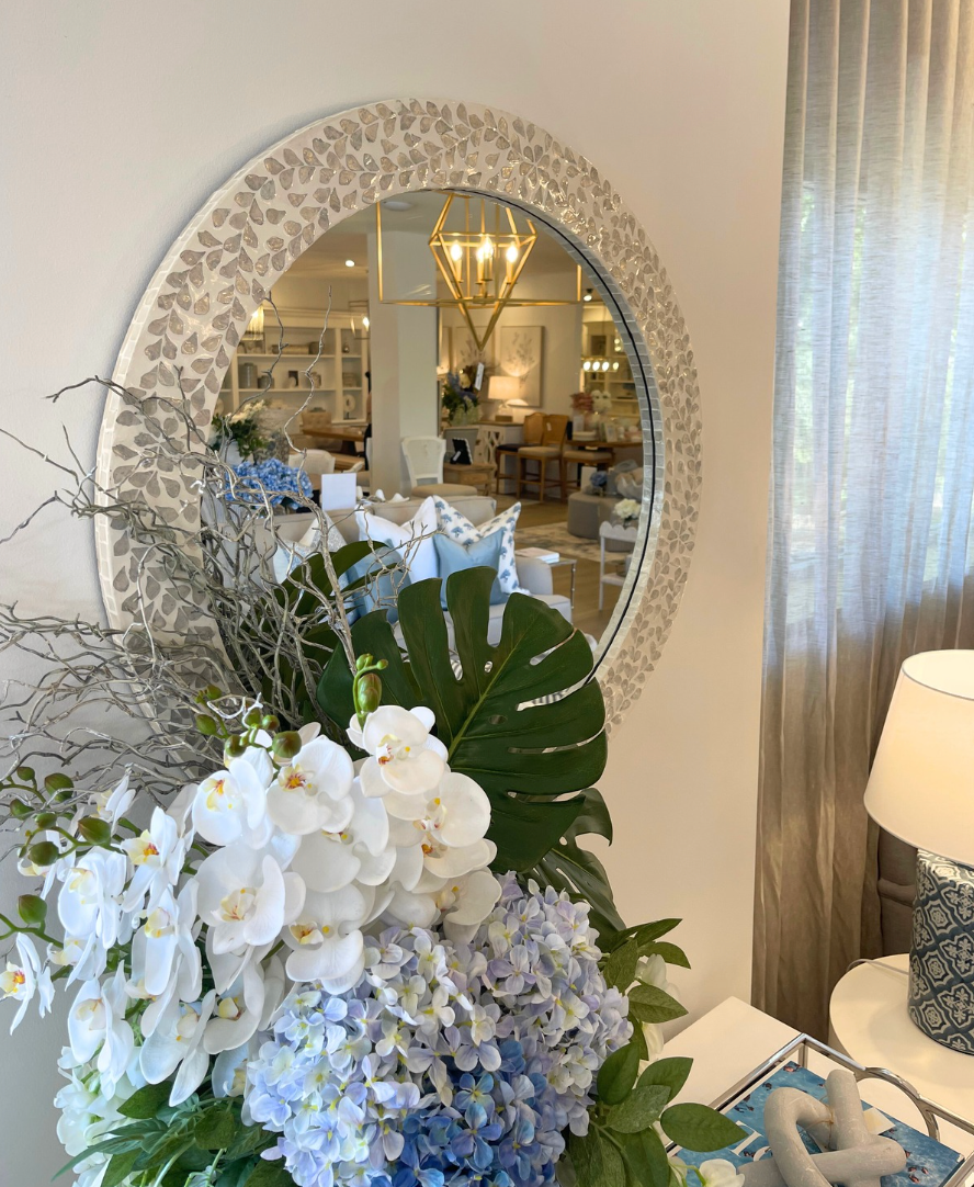 Vine' Mother of Pearl Round Mirror 80cm