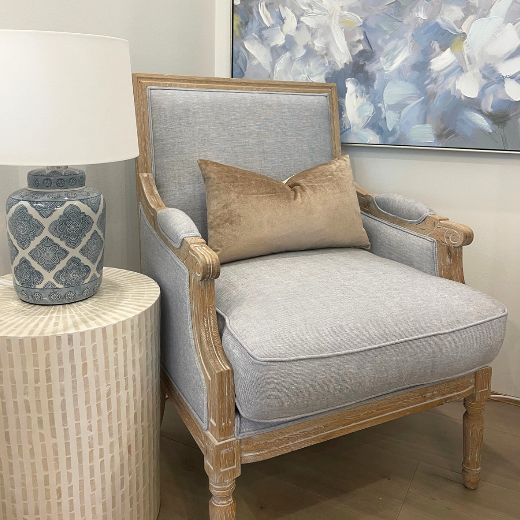 Trent Oak And Linen Upholstered Arm Chair Whitewash Oak Duck Egg Blue 70cm wide x 60cm deep x 95cm high