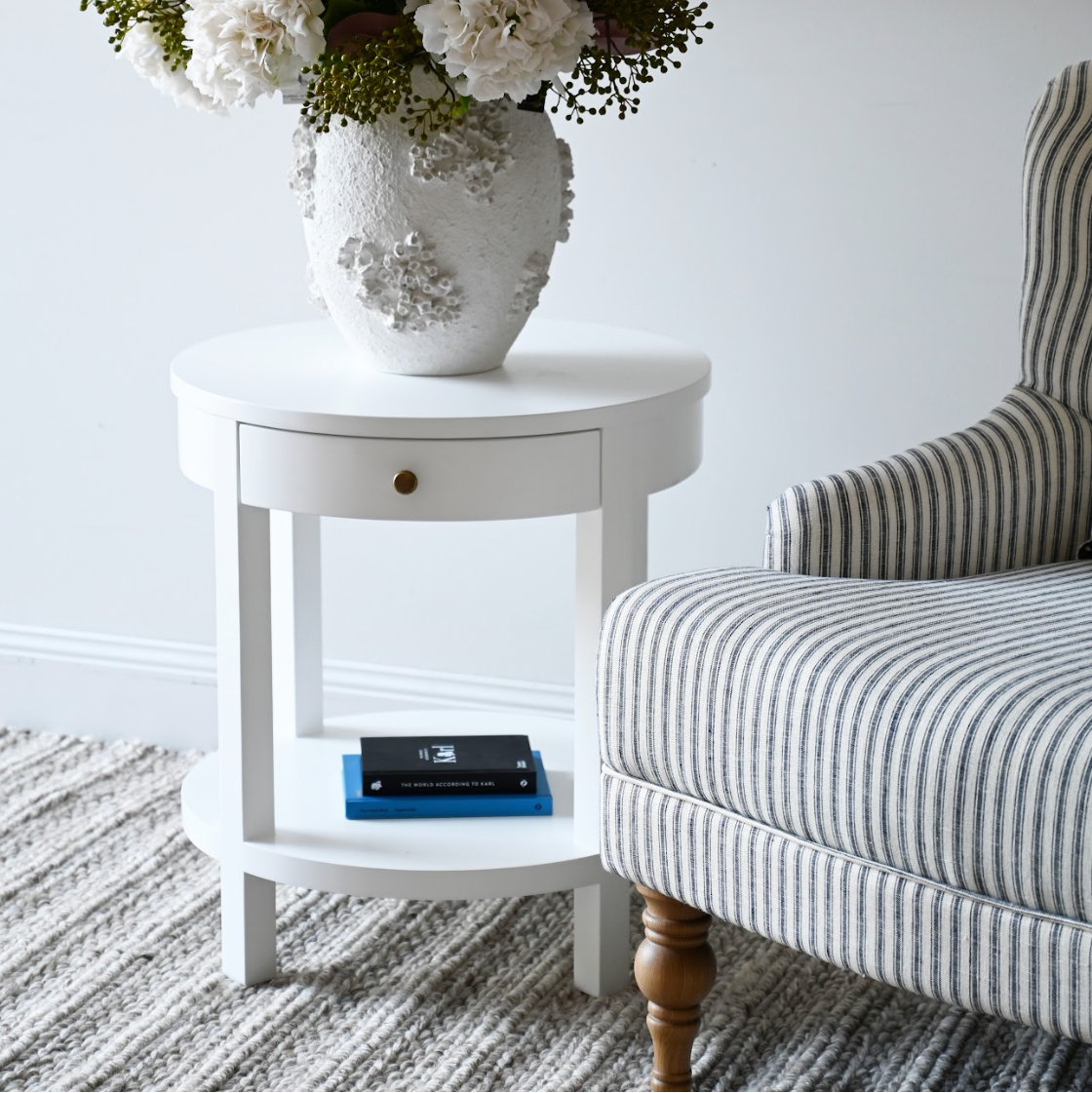 Ava Small Bedside Table or Side Table Satin White 55cm wide x 55cm deep x 60cm high