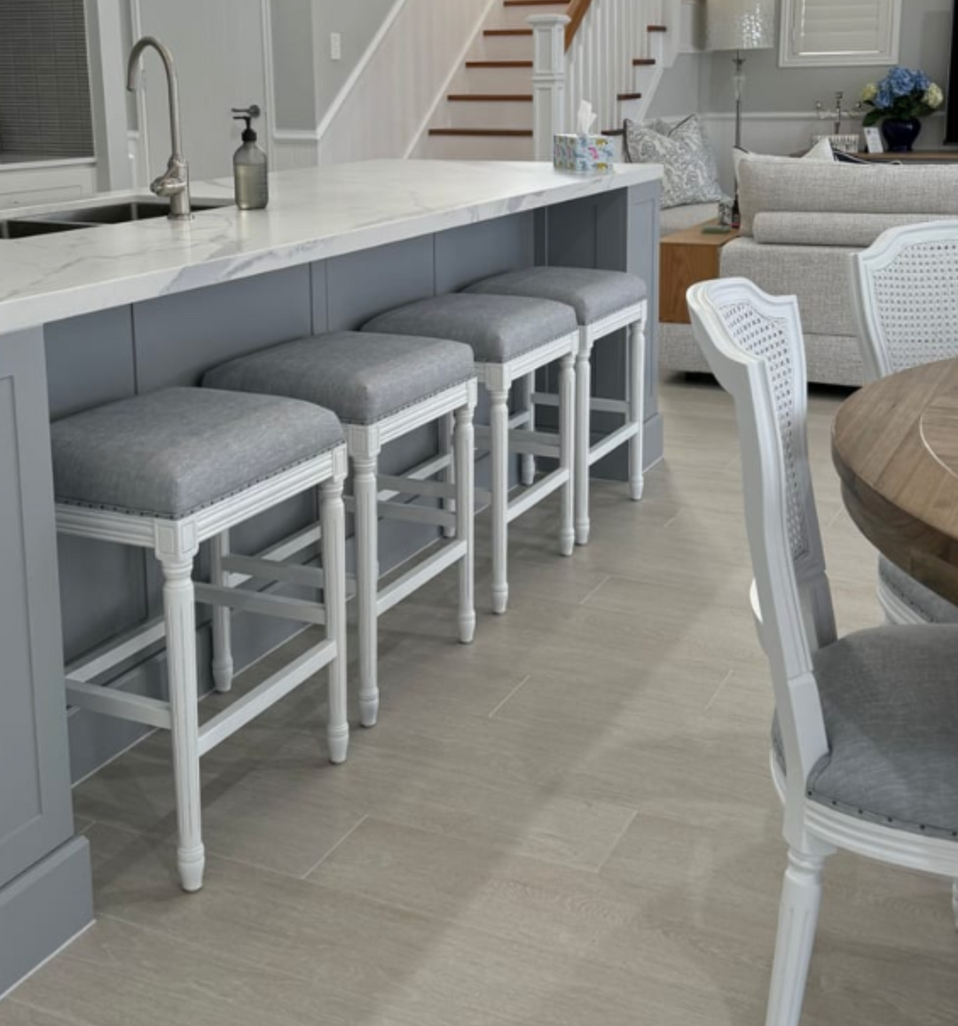 April Backless Stool With Padded Linen Seat Satin White Duck Egg Blue