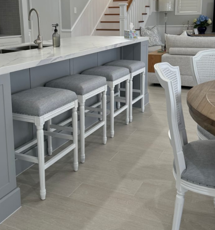 April Backless Stool With Padded Linen Seat Satin White Duck Egg Blue