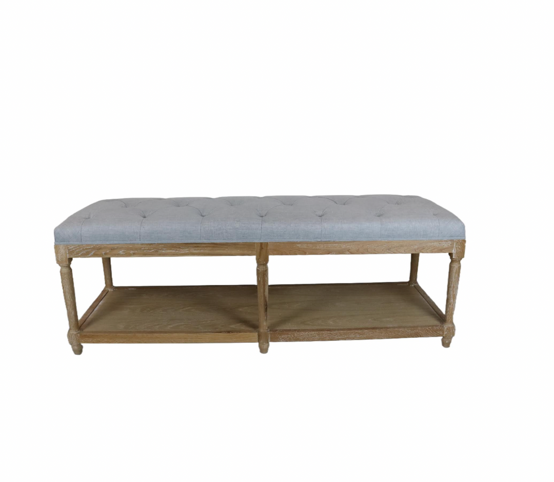 Antoinette Linen Upholstered Oak Bench Seat Whitewash Oak Duck Egg Blue 150cm wide x 50cm deep x 53cm high