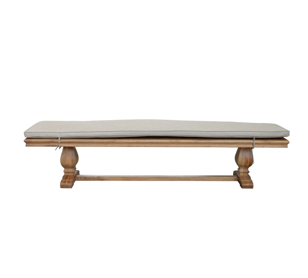 Oak bench seat with linen cushion and pedestal legs. Style My Home Australia