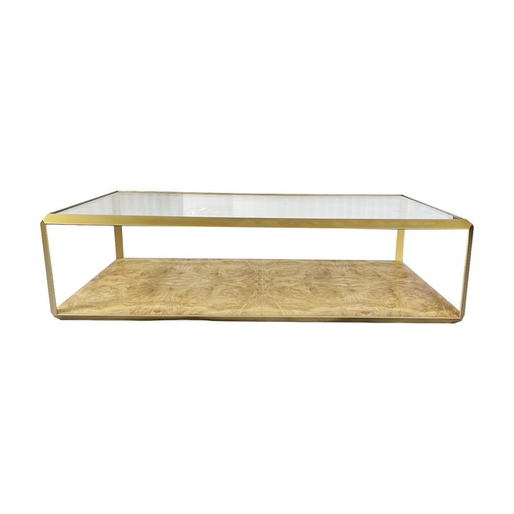 Leon Burl Wood and Brass Rectangular Coffee Table With Glass