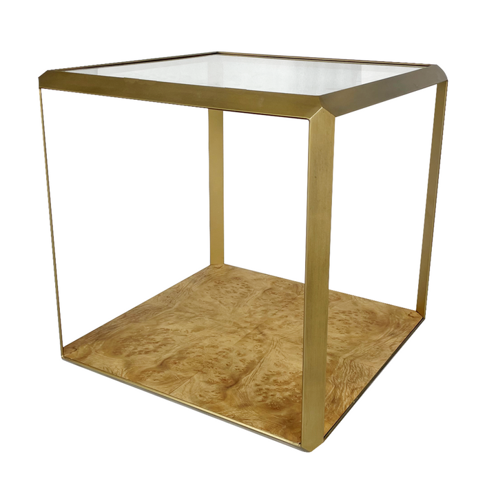 Leon Burl Wood and Brass Side Table With Glass
