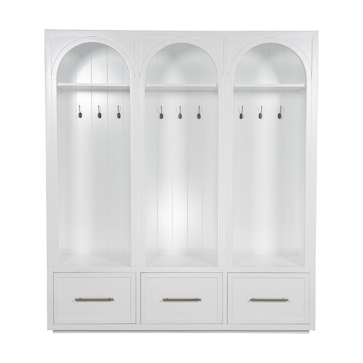 Arch Triple Bay Locker Cabinet Satin White 177cm wide x 41cm deep x 200cm high