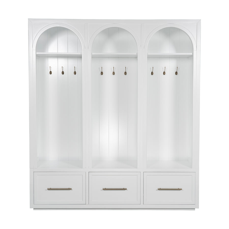 Arch Triple Bay Locker Cabinet Satin White 177cm wide x 41cm deep x 200cm high