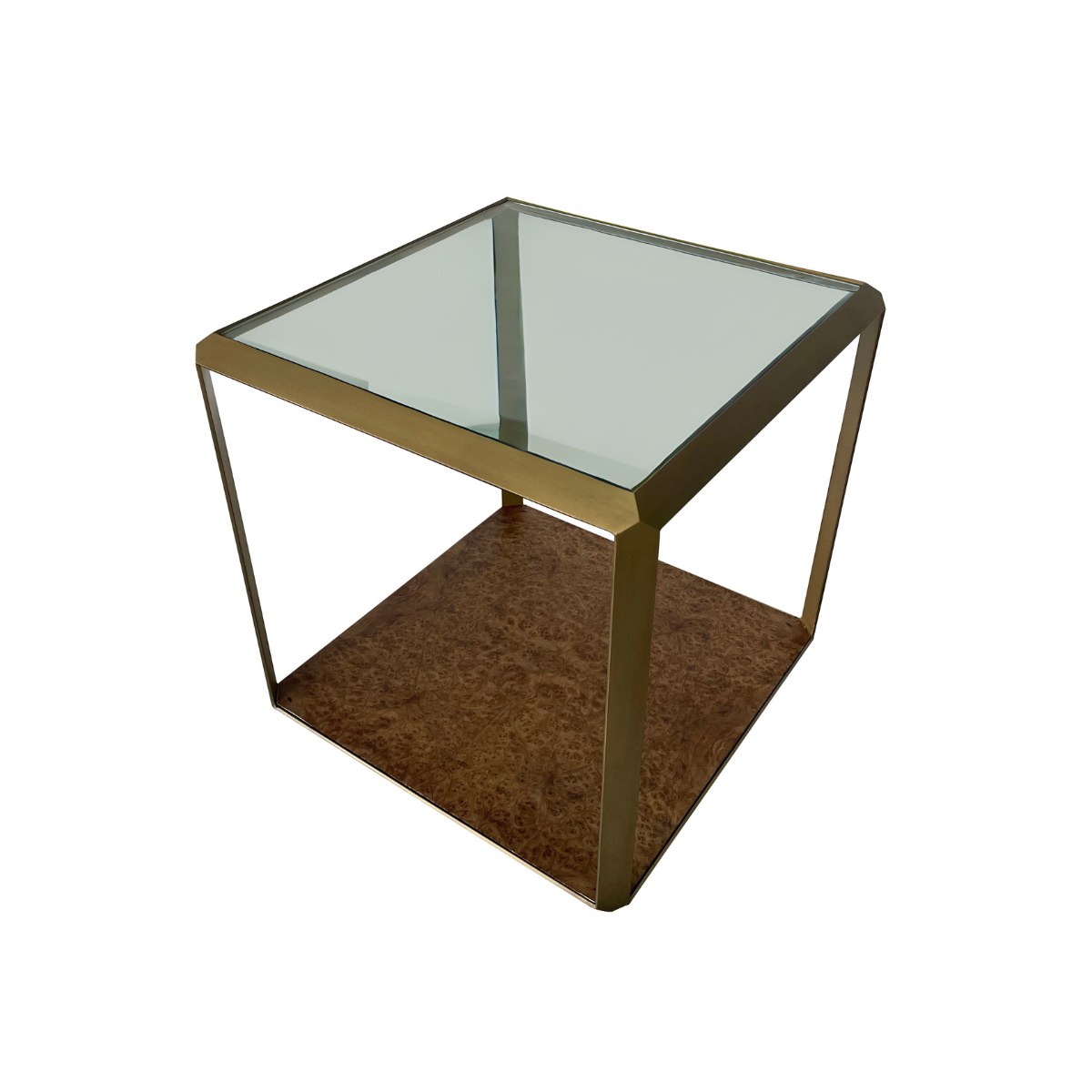 Leon Burl Wood and Brass Side Table With Glass