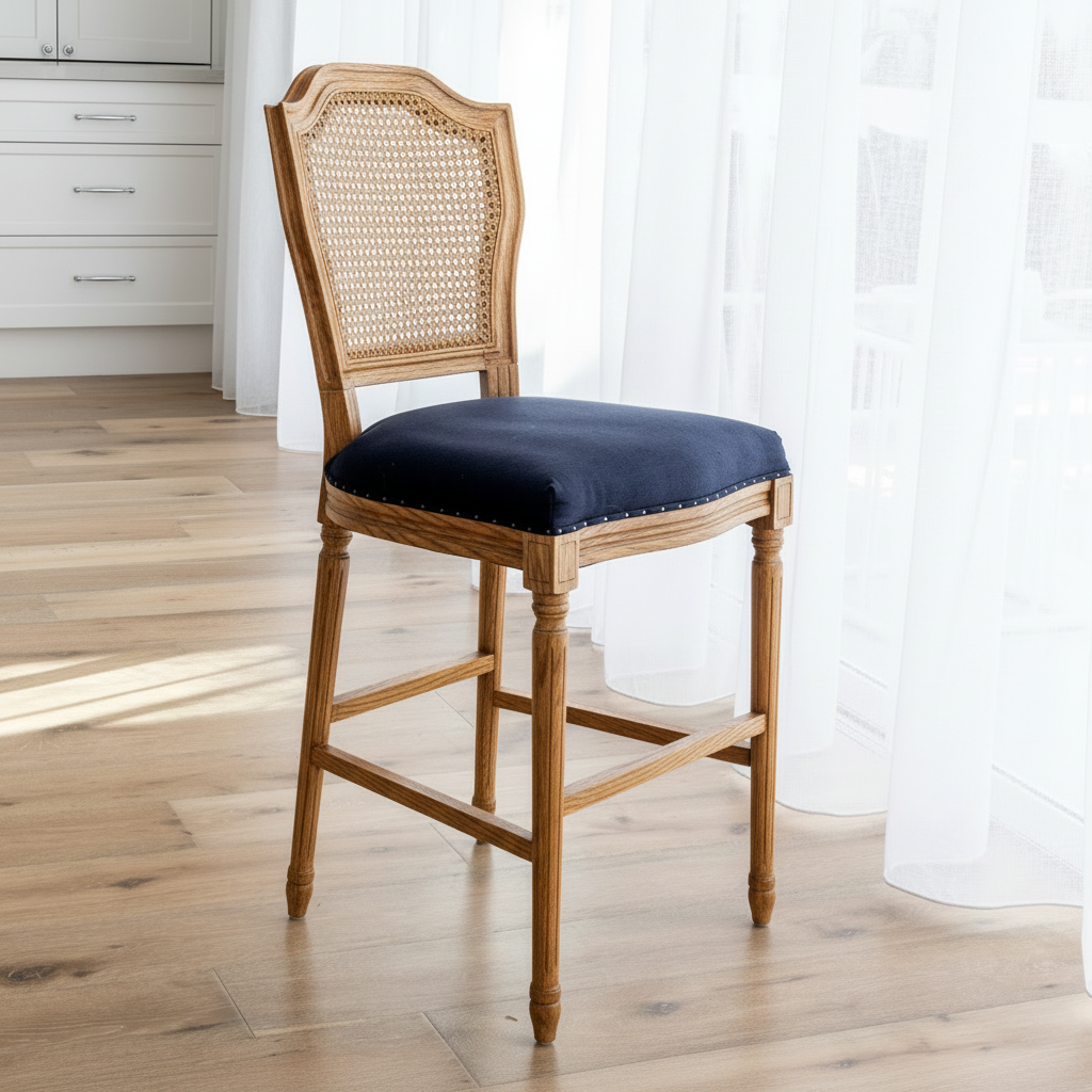 April Luxury Upholstered Kitchen Stool Natural Oak Navy 48cm wide x 56cm deep x 106.5cm high Seat height approx. 66cm