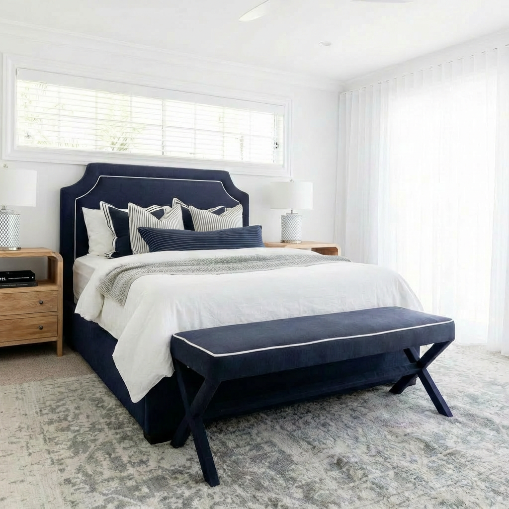 Scarlett Linen Bedhead with white piping