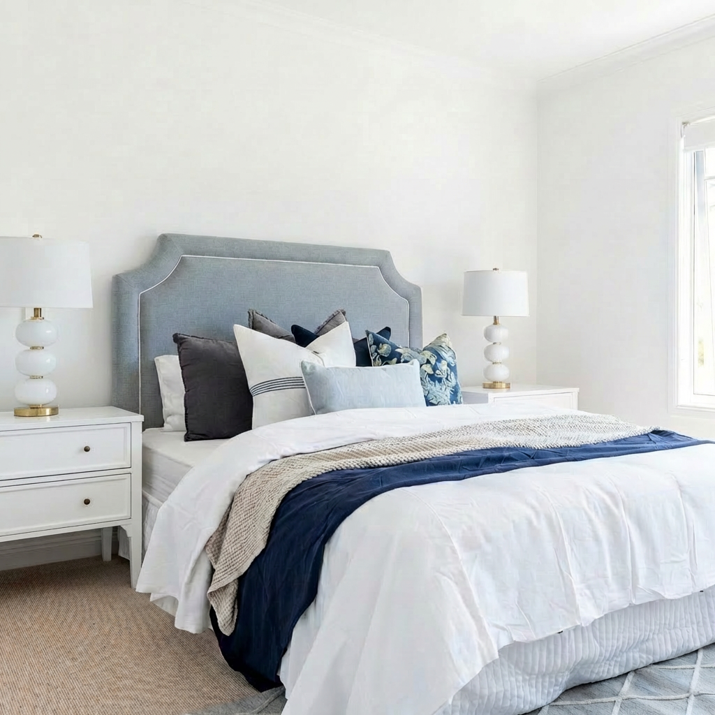 Scarlett Linen Bedhead with white piping Duck Egg Blue White Piping