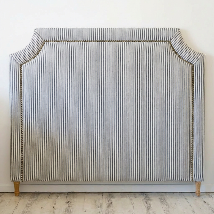 Scarlett Linen Bedhead with studs Stripe Navy Blue Brass Studs