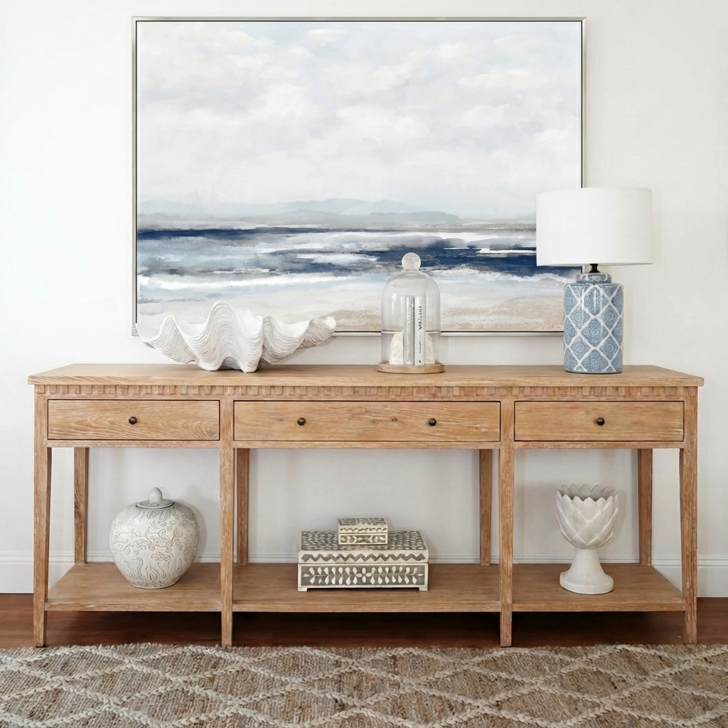 Regency Large Console Table Whitewash Oak 200cm wide x 45cm deep x 80cm high