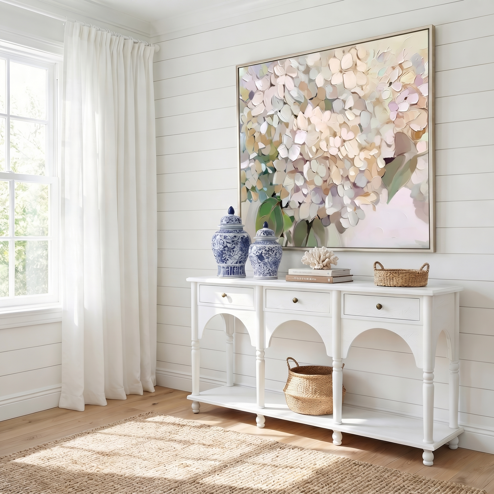 Blush Hydrangea Canvas In Antique Silver Frame