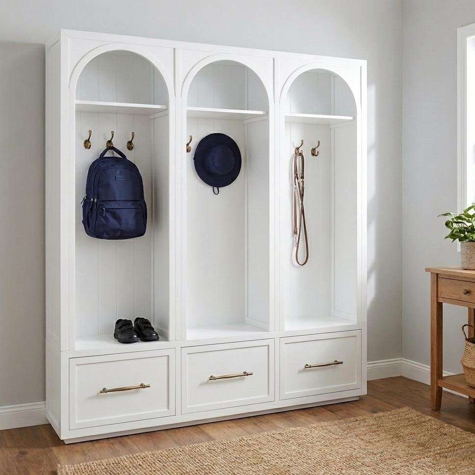 white storage locker cabinet for entryways or mudrooms. Kids bag storage