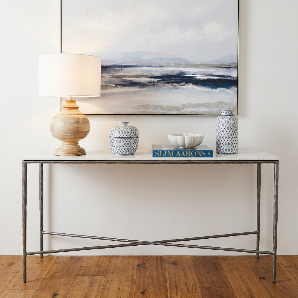 Soho Forged Silver Console Table With Marble Top