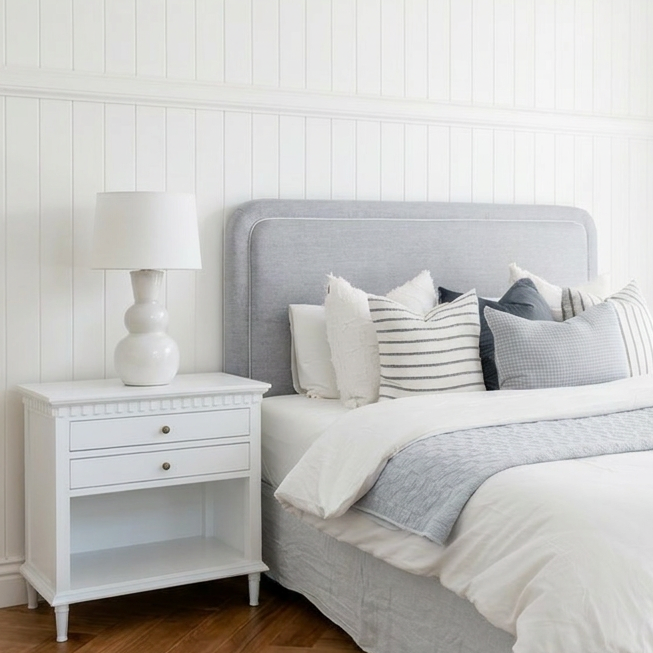 large hamptons white bedside with 2 drawers and open shelf